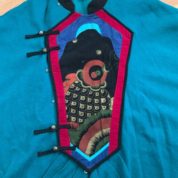 Vintage Blue Green Chinese Corduroy Embroidered Fish Sweater Jacket Sz M (apprx) - Picture 6 of 16